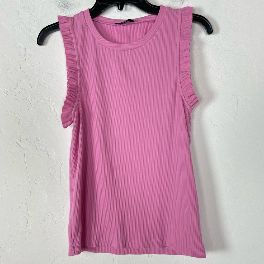 J Crew Tank Top Ribbed Ruffle‎ Sleeveless Pull On Shirt Knit Tee Solid Pink
